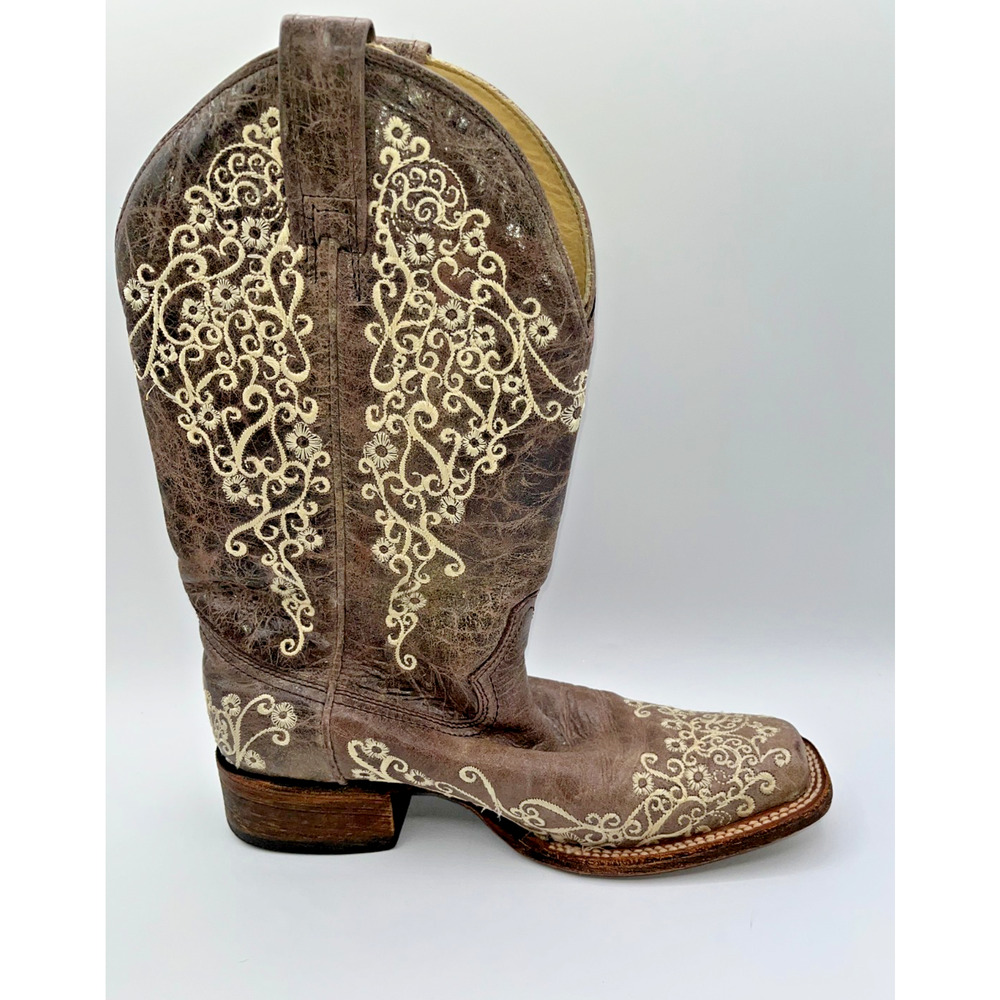 Corral Women's Crater Bone Embroidery Brown Square Toe Boots A2663 9M Wedding - Picture 1 of 16